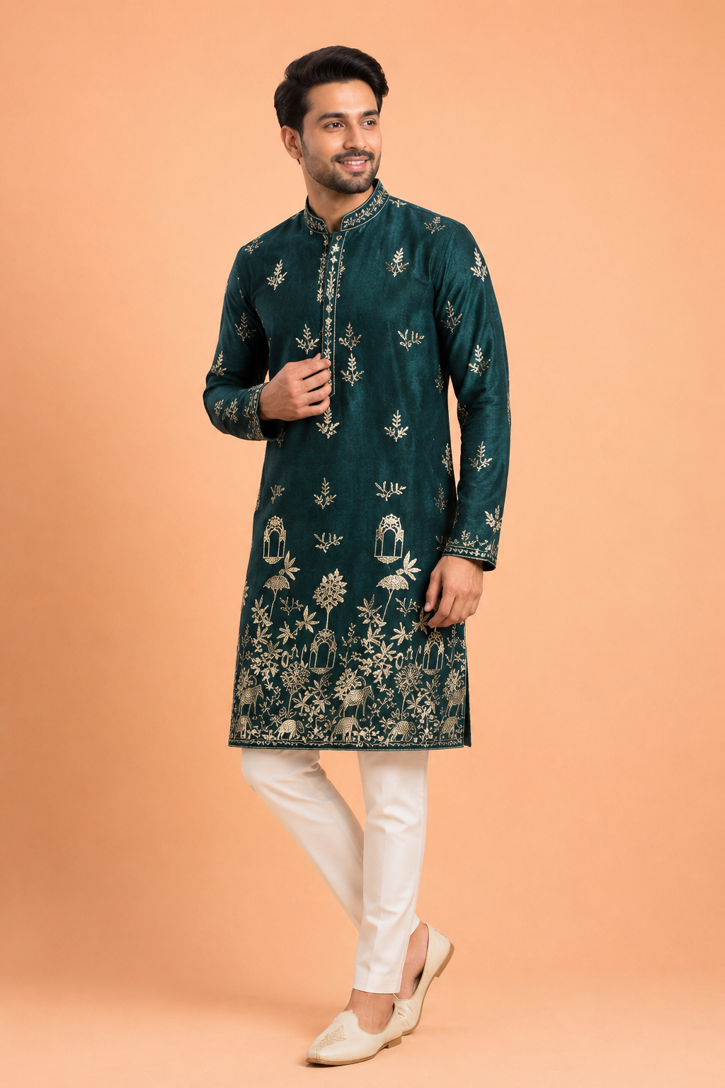 Dark Emerald Green Embroidered  Kurta for Men