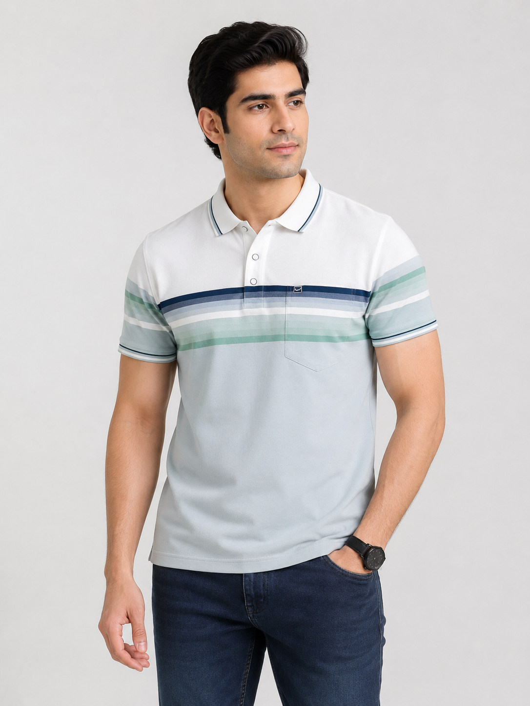 Men’s Ice Blue Striped Polo T-Shirt