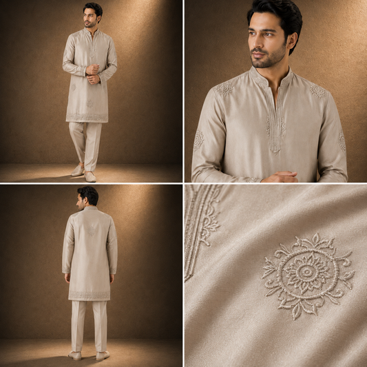 Champagne Beige Embroidered Festive Kurta Set