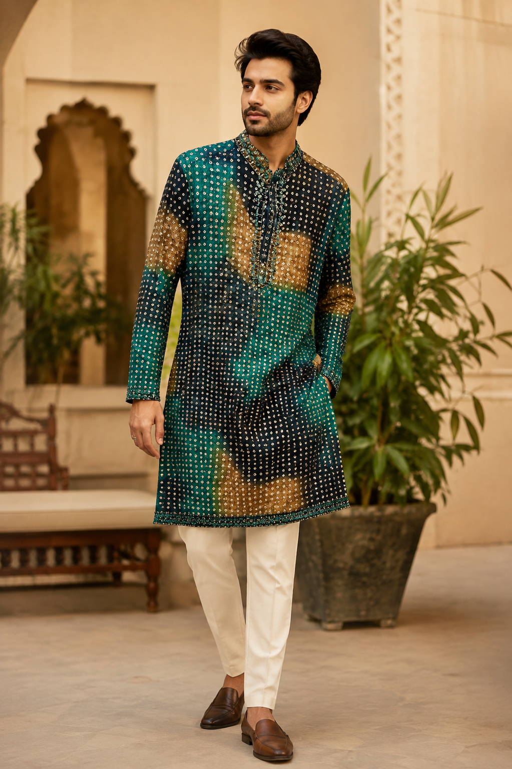 Emerald & Black Bandhani Festive Kurta for Men