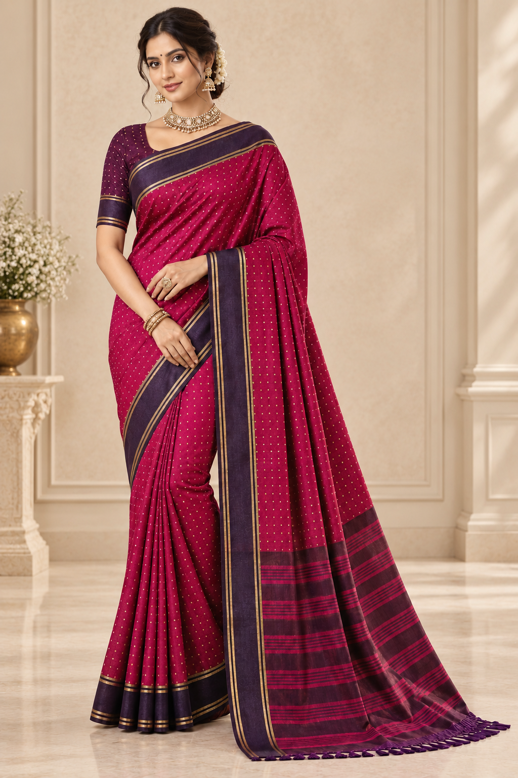 Magenta Pink Traditional Saree with Deep Purple Border