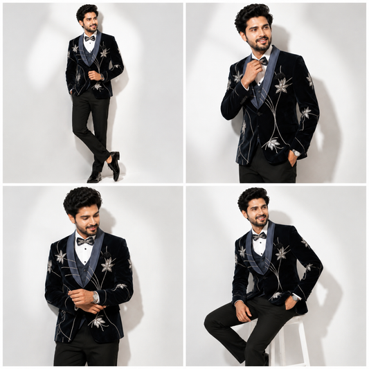 Men’s Black Velvet Floral Embroidered Tuxedo Blazer