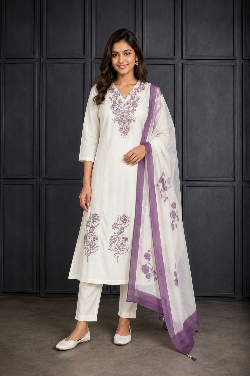 Women’s Elegant Ivory Kurta Pant Set with Purple Floral Dupatta