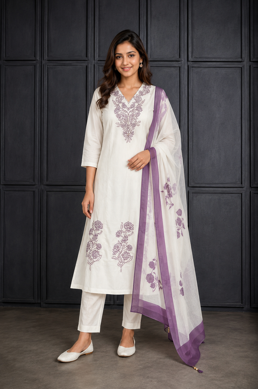 Women’s Elegant Ivory Kurta Pant Set with Purple Floral Dupatta