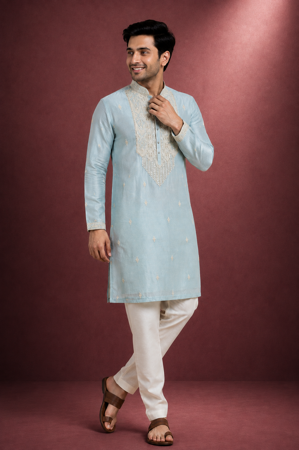 Ice Blue Embroidered Festive Kurta Set