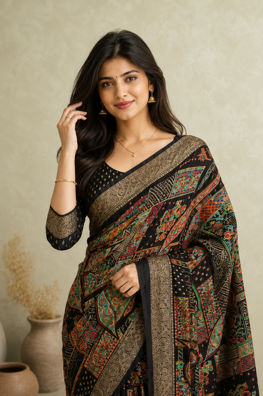 Elegant Black Multicolor Printed Saree with Traditional Paisley & Heritage Border