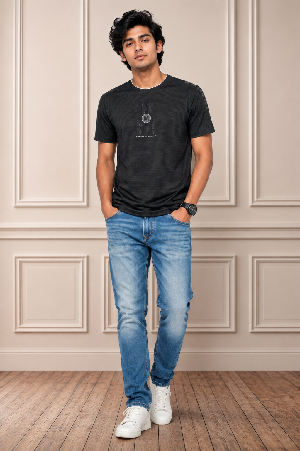Men's Black Textured Graphic T-Shirt | Premium Casual Crew Neck Tee