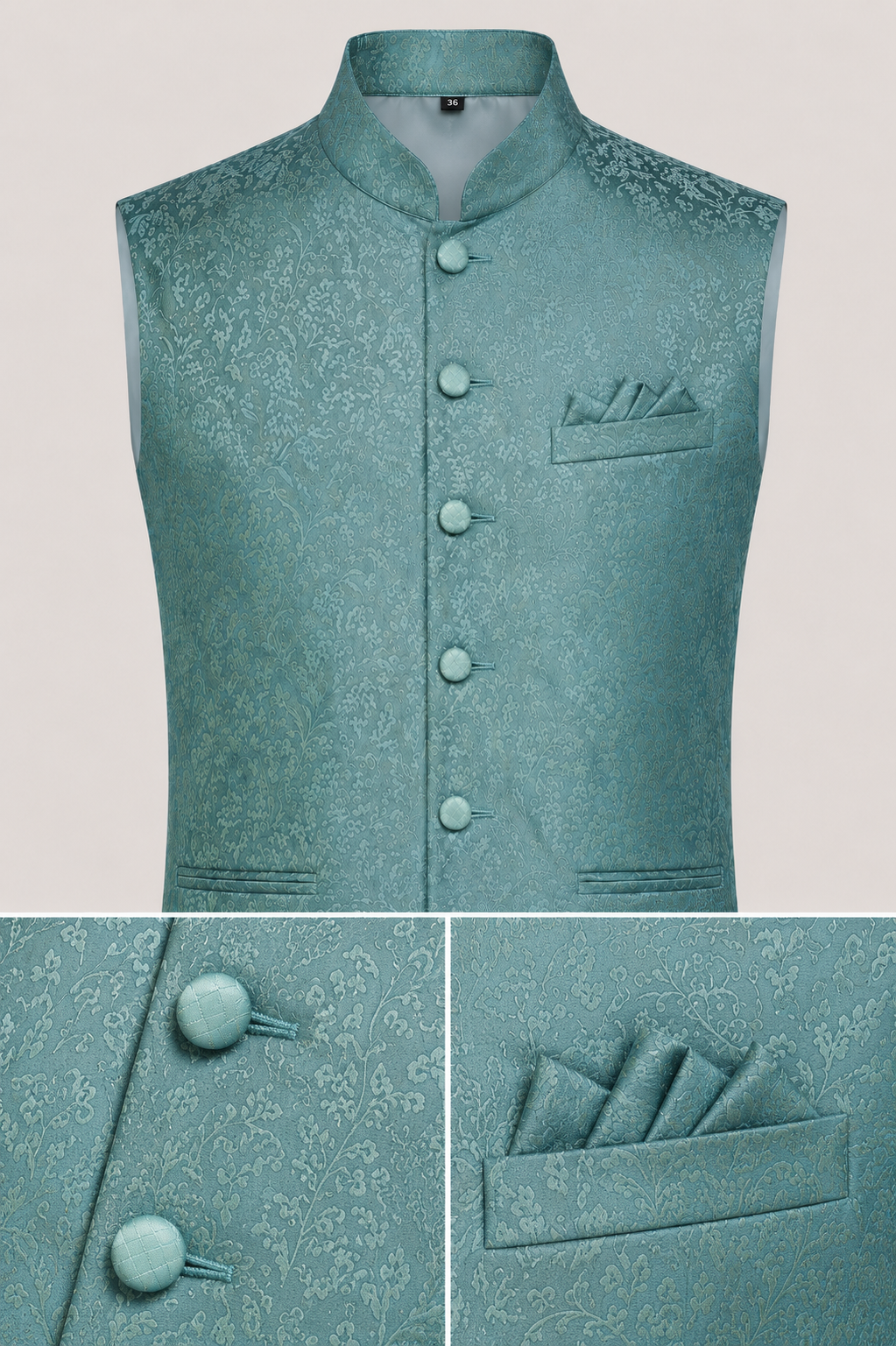 Men's Sea Green Jacquard Nehru Jacket | Premium Ethnic Waistcoat with Mandarin Collar