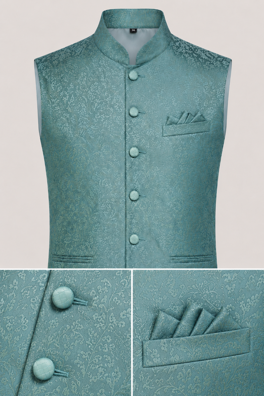 Men's Sea Green Jacquard Nehru Jacket | Premium Ethnic Waistcoat with Mandarin Collar