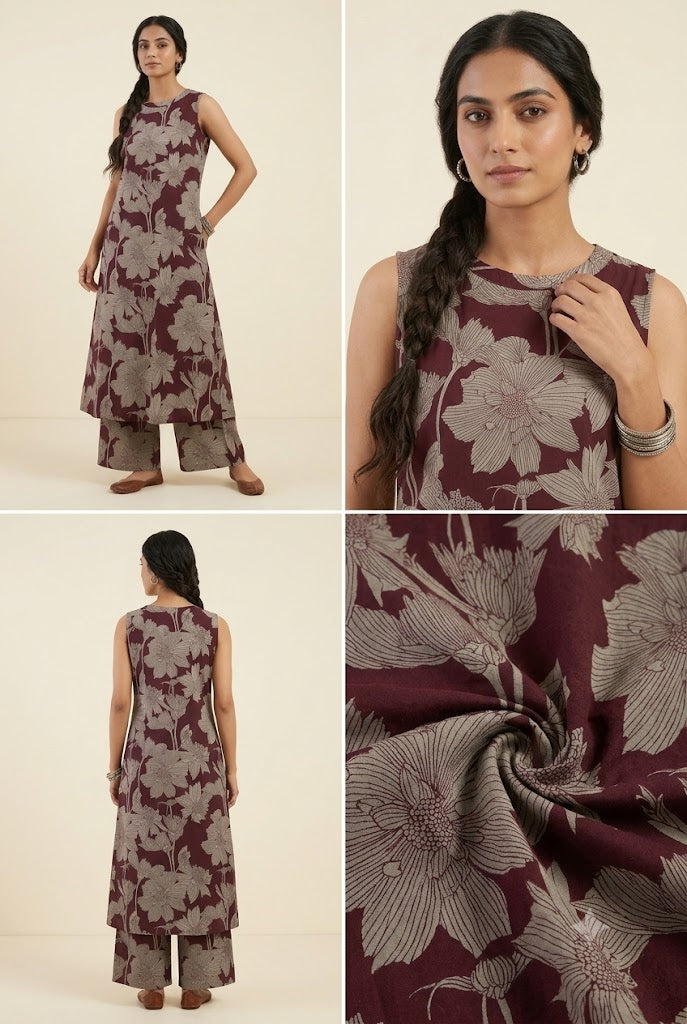 Maroon Floral Printed Sleeveless A-Line Co-Ord Set