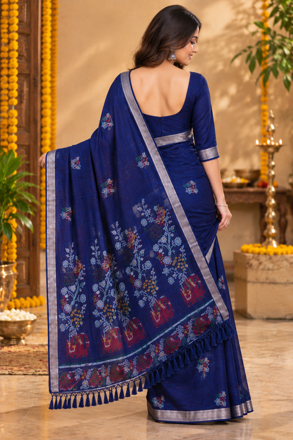 Midnight Blue Floral Weave Saree