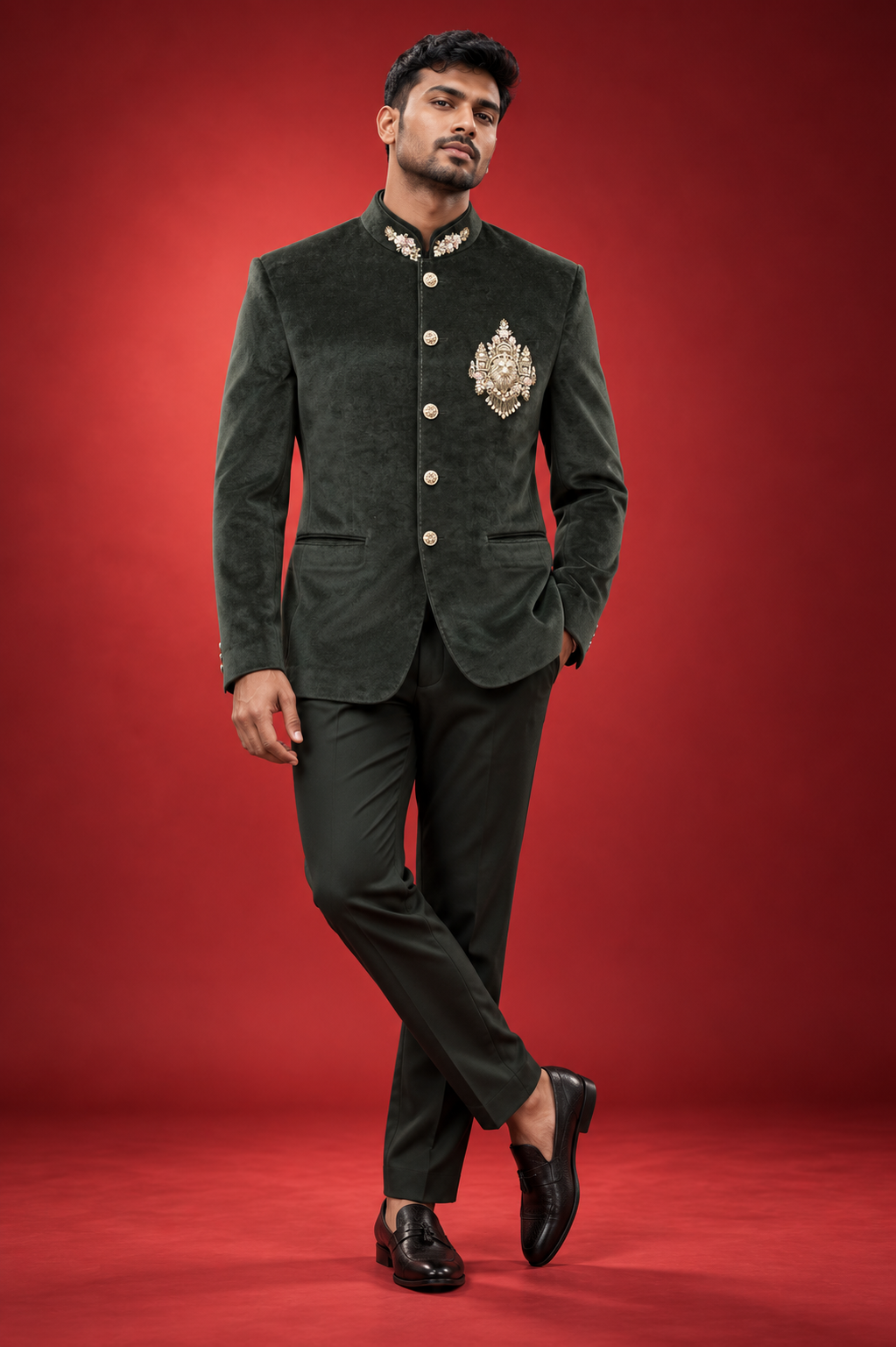 Deep Green Velvet Jodhpuri Suit