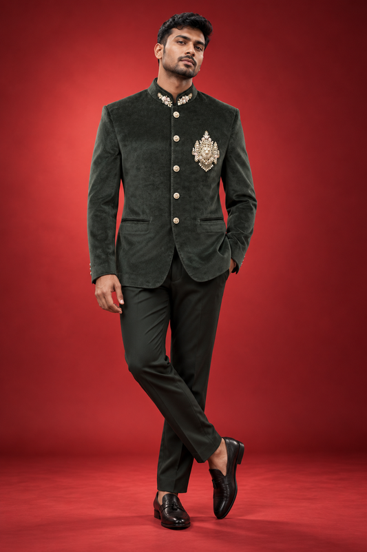 Deep Green Velvet Jodhpuri Suit