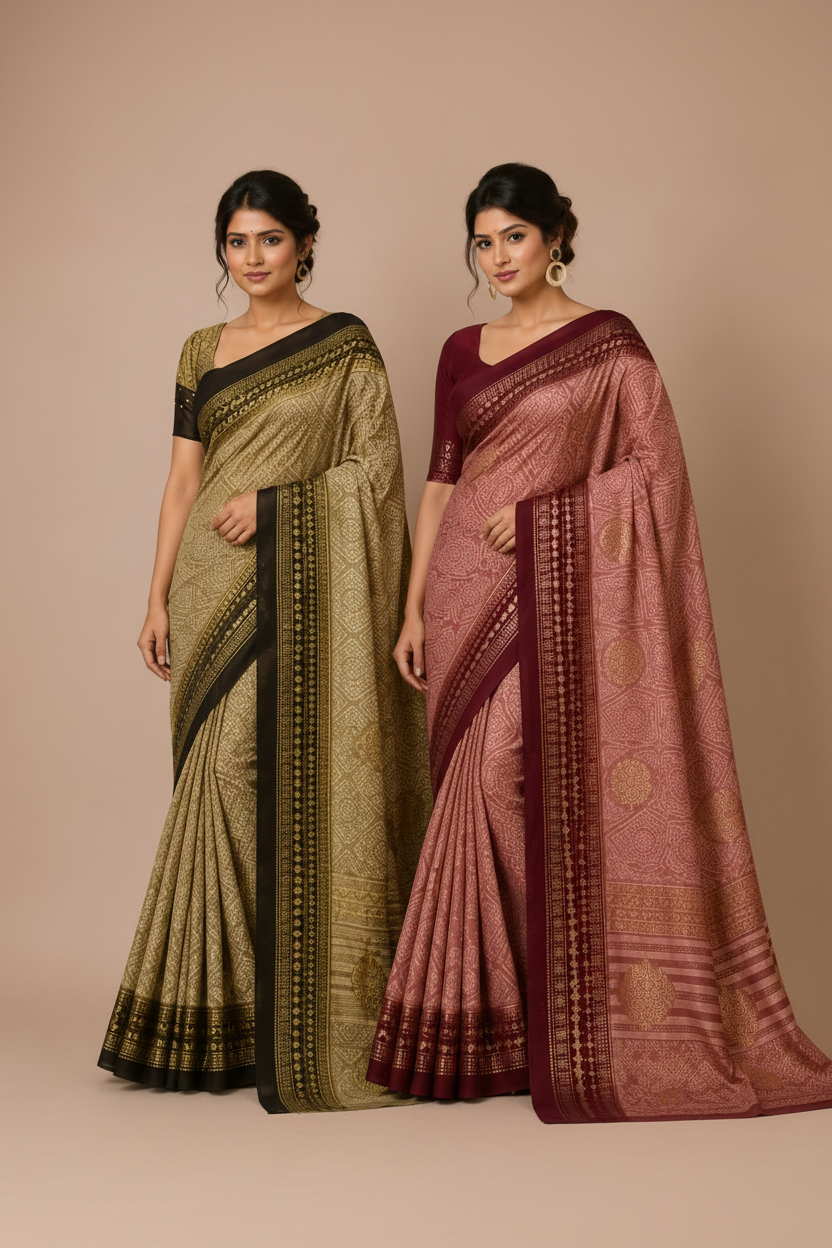 Title: Women’s Printed Saree with Rich Maroon Border