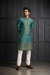 Teal Green Gold Embroidered Festive Kurta for Men