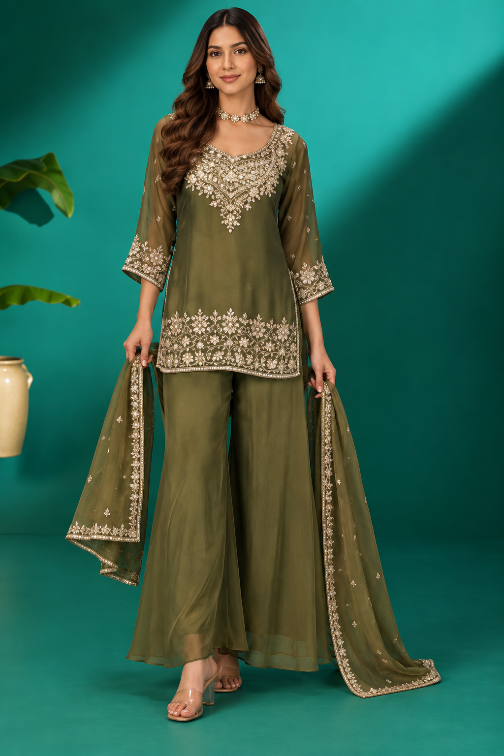 Olive Green Embroidered Sharara Set
