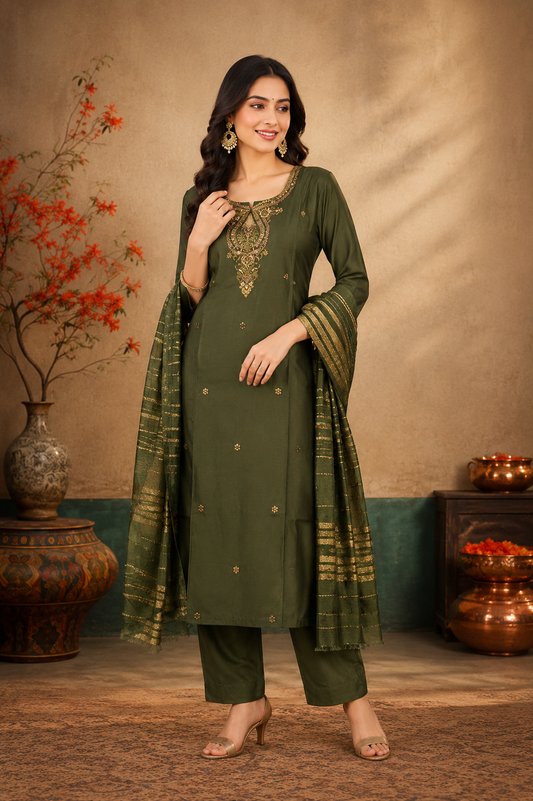 Elegant Olive Green Embroidered Kurti Pant & Dupatta Set