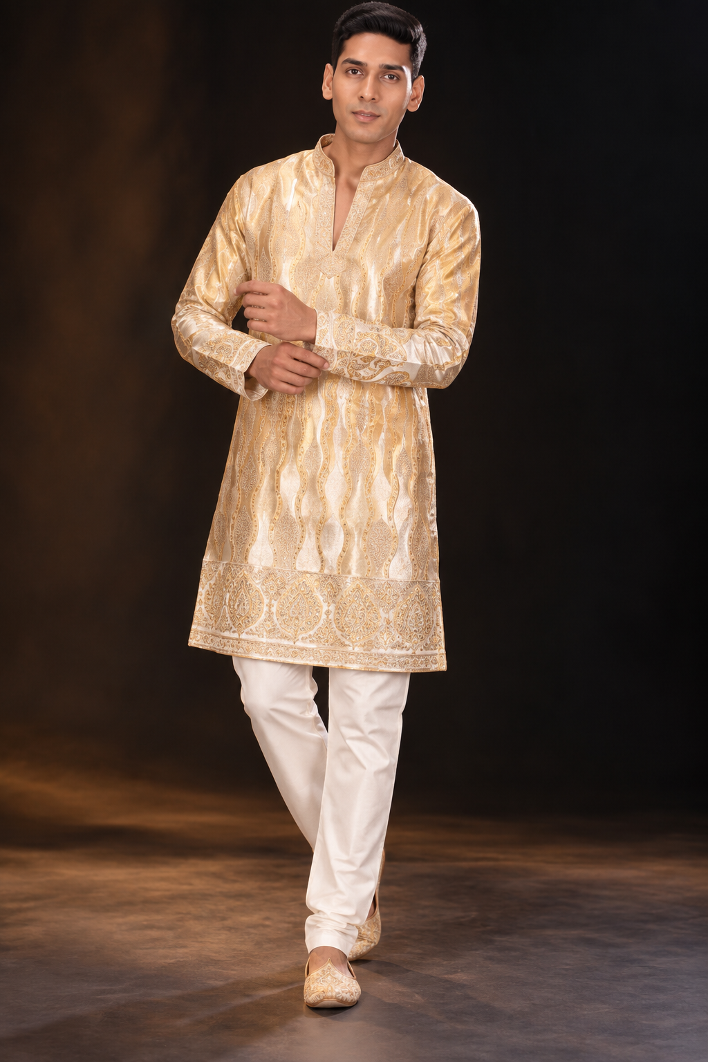 Premium Golden Embroidered Kurta Pajama for Men