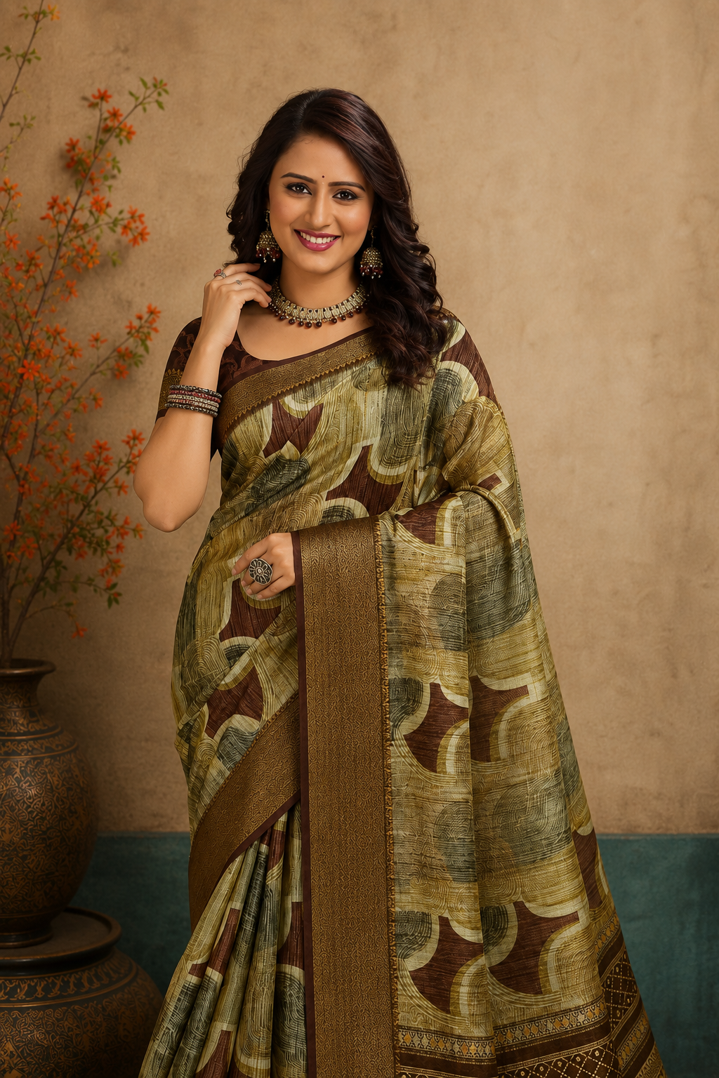 Elegant Beige & Brown Abstract Printed Blend Saree with Rich Golden Zari Border