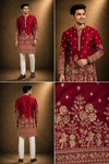 Maroon Red Heavily Embroidered Kurta for Men