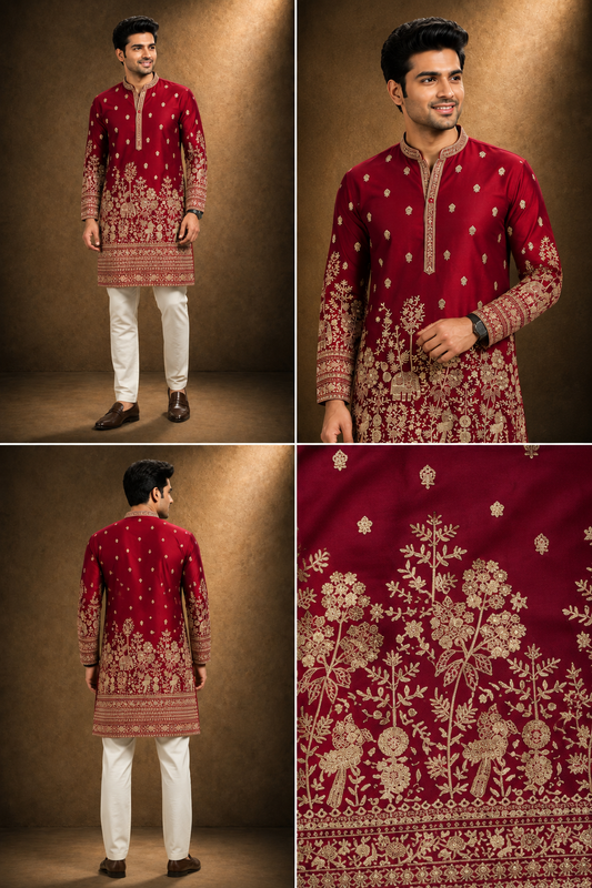 Maroon Red Heavily Embroidered Kurta for Men
