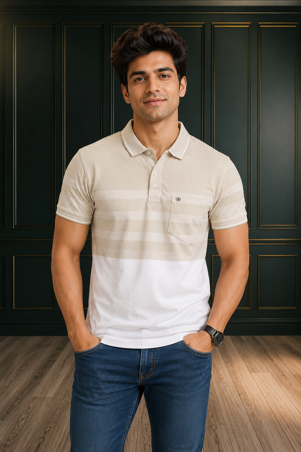 Men's Premium Beige Gradient Striped Polo T-Shirt