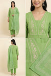 Light Green Embroidered Yoke Straight Kurta with Trousers & Printed Dupatta Set