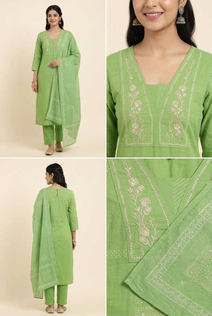 Light Green Embroidered Yoke Straight Kurta with Trousers & Printed Dupatta Set