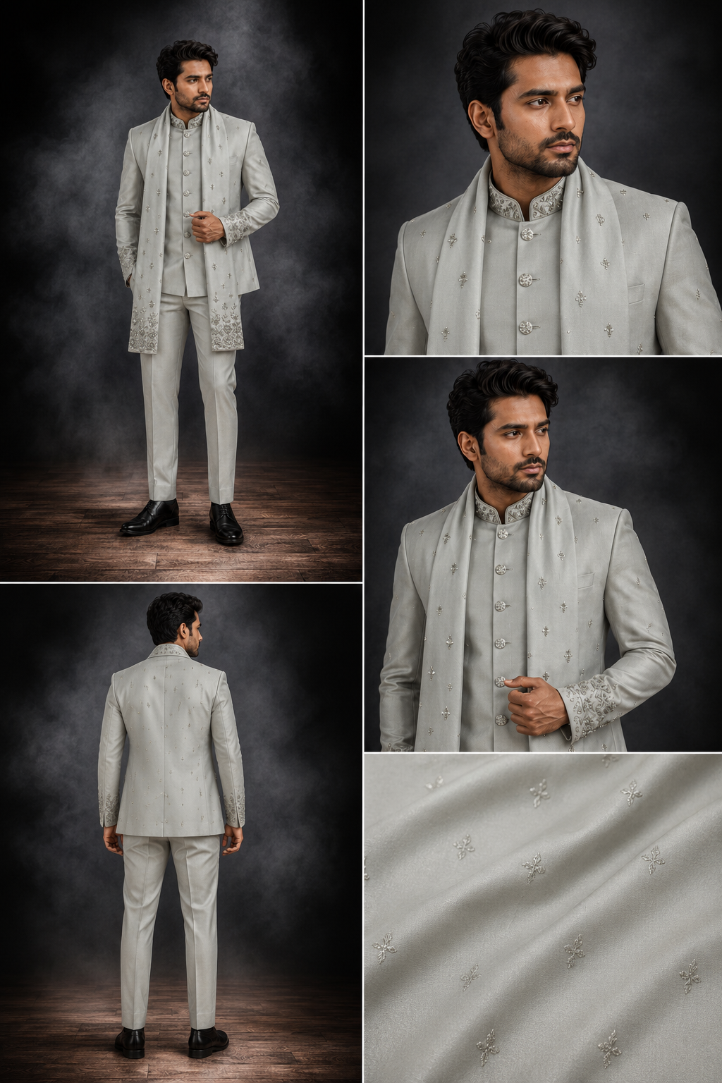 Silver Grey Embroidered Jodhpuri Suit with Stole