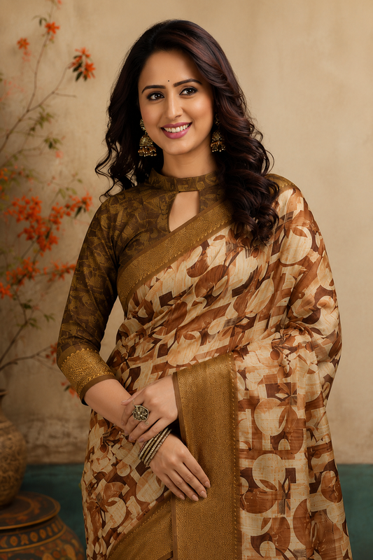 Elegant Brown &  Printed  Blend Saree with Rich Golden Zari Border