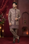 Mocha Brown Embroidered Indo-Western Jacket Set