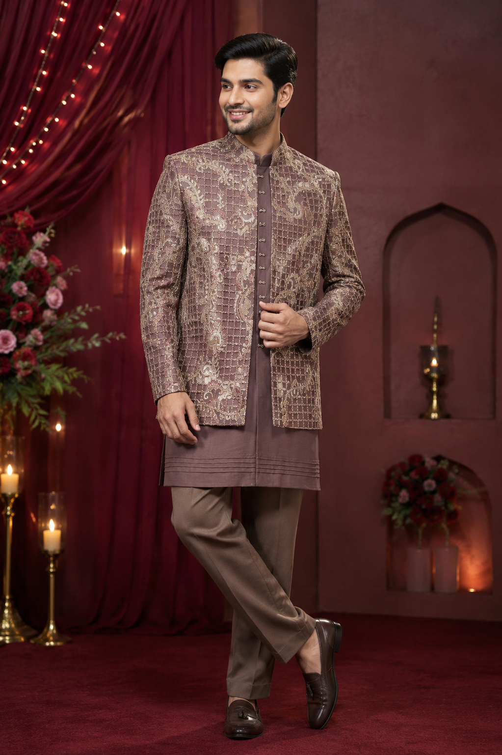 Mocha Brown Embroidered Indo-Western Jacket Set