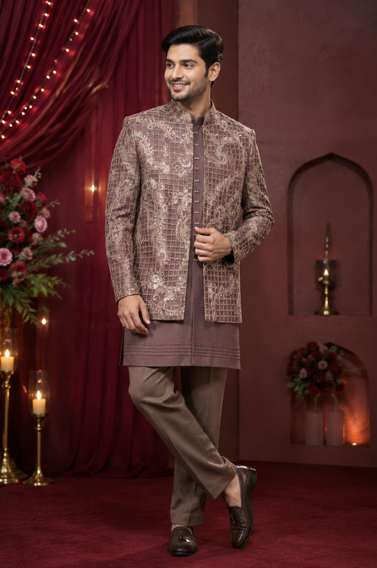 Mocha Brown Embroidered Indo-Western Jacket Set