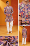 Men's Premium Purple Multicolour Floral Printed Festive Kurta Set