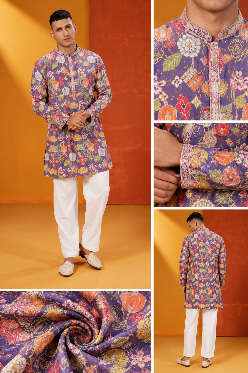 Men's Premium Purple Multicolour Floral Printed Festive Kurta Set