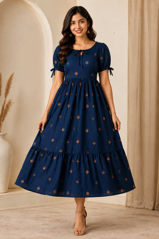 Navy Blue Floral Tie-Up Puff Sleeve Midi Dress