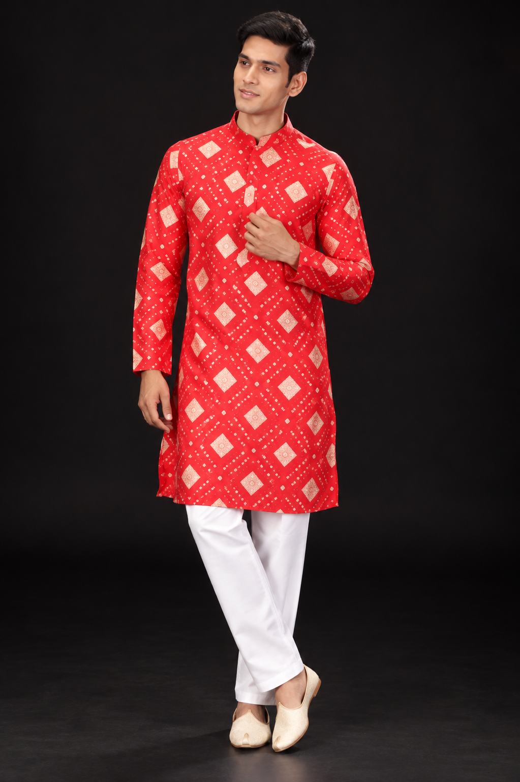 Red Geometric Print Festive Kurta for Men