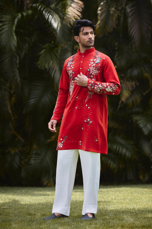 Red Floral Embroidered Festive Kurta Set