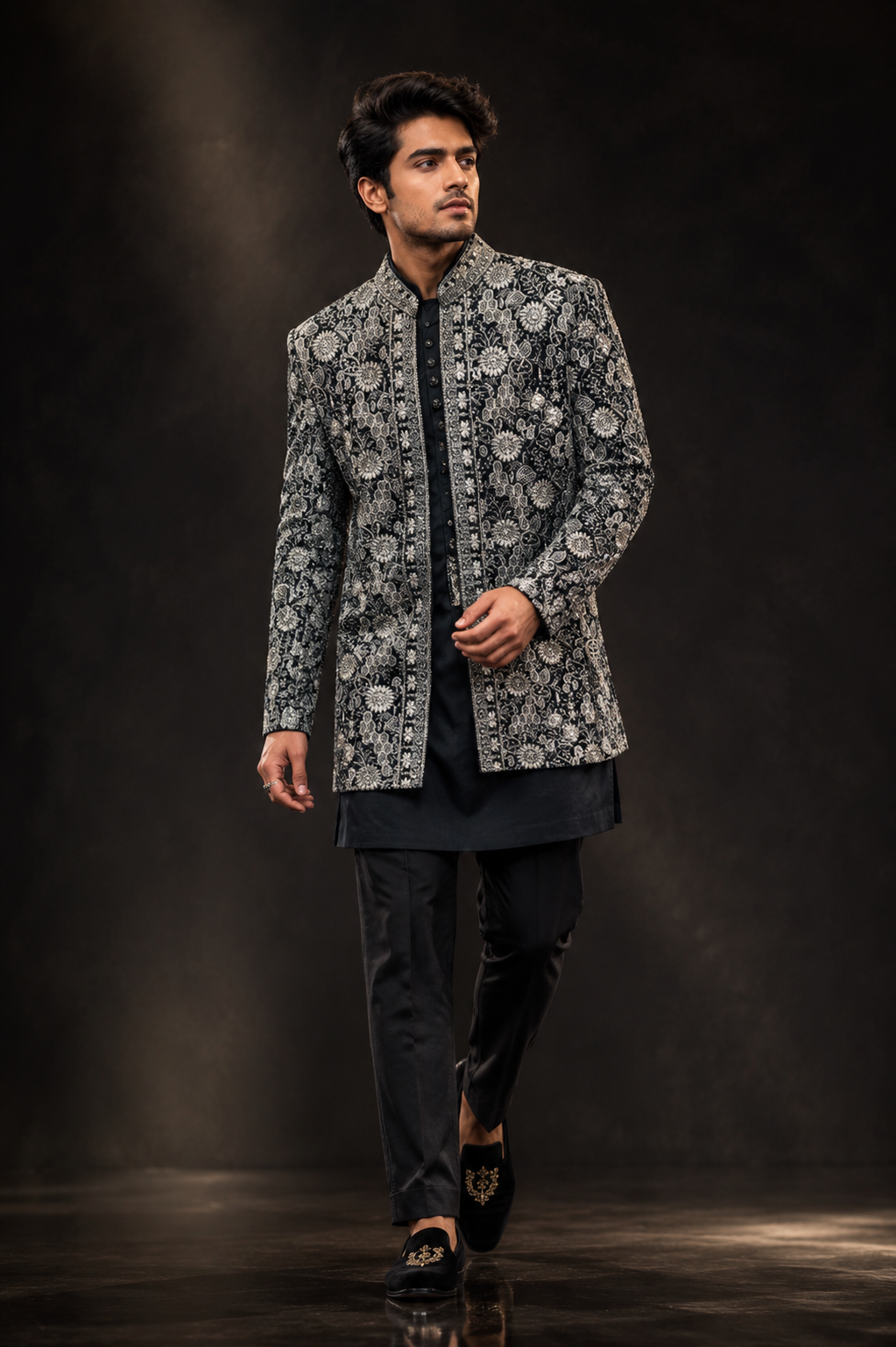 Black & Silver Embroidered Indo-Western Jacket Set