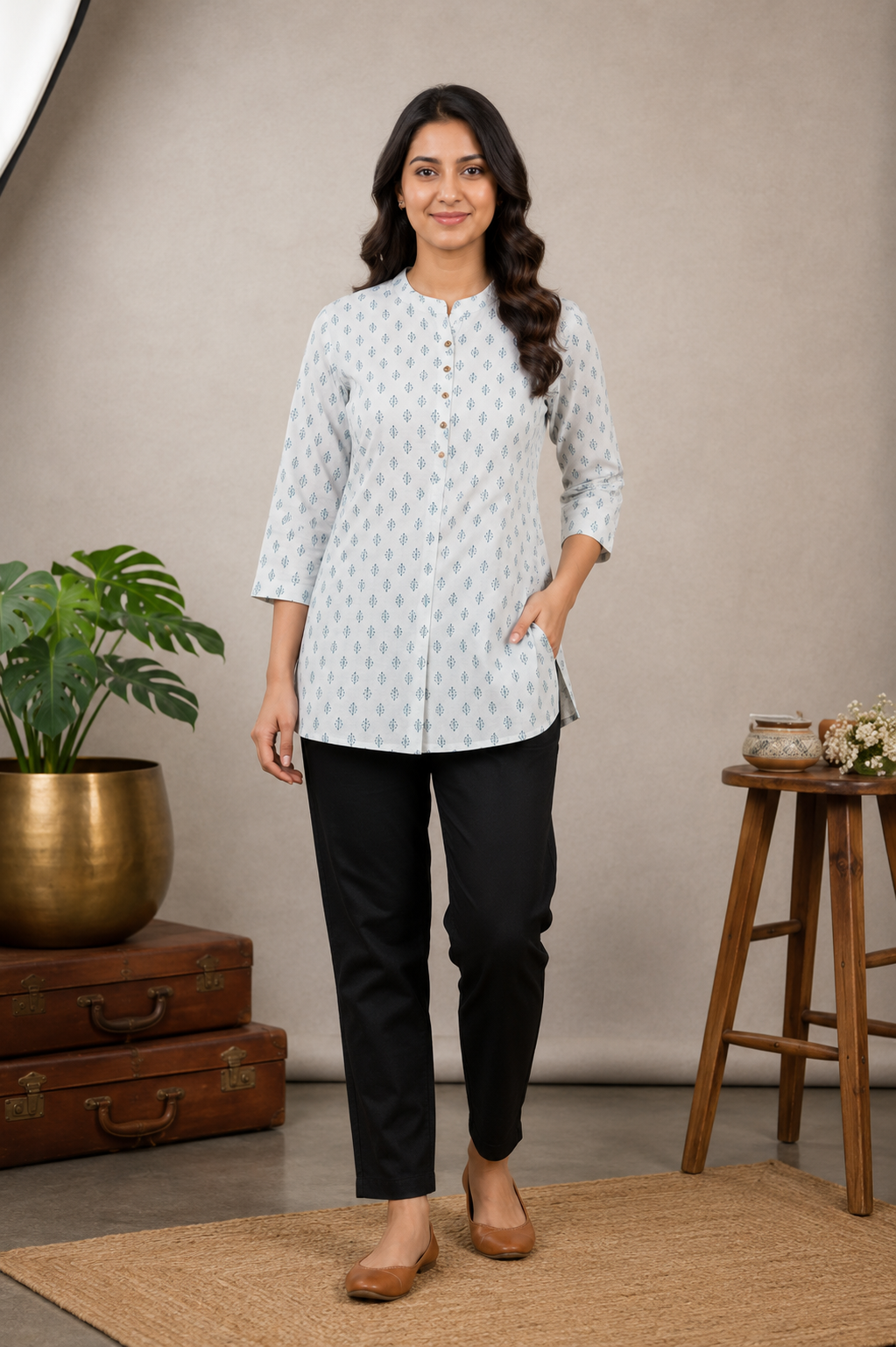 Women’s Powder Blue Printed Cotton Box Pleated Top