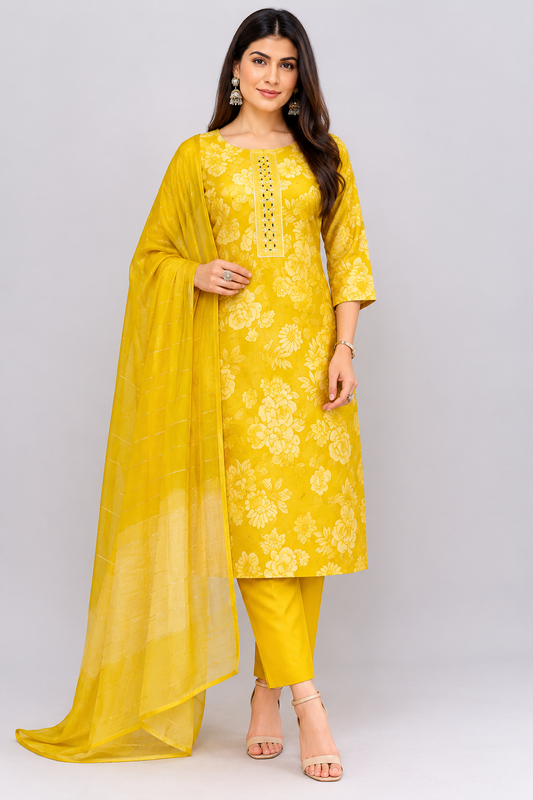 Women’s Floral Printed Straight Kurta Pant Dupatta Set