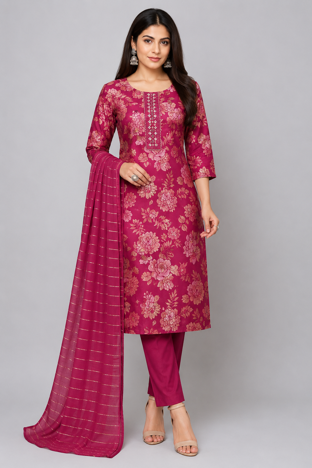 Women’s Floral Printed Straight Kurta Pant Dupatta Set