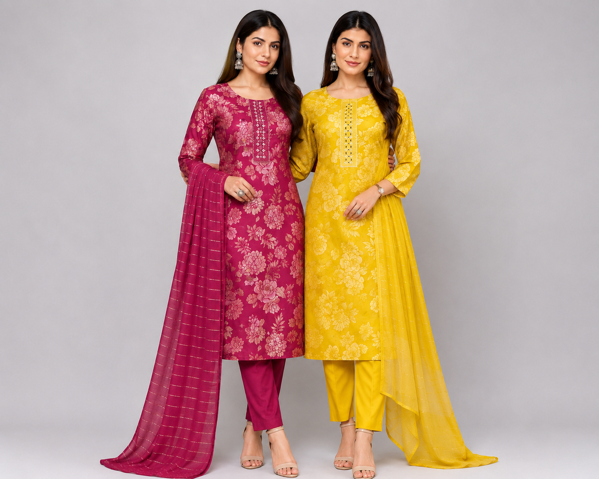 Women’s Floral Printed Straight Kurta Pant Dupatta Set