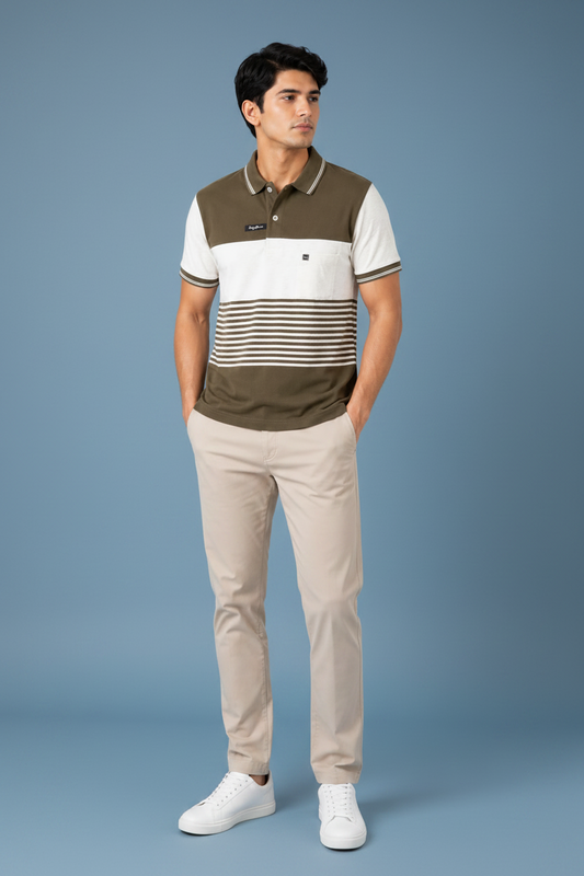 Men’s Olive Green Striped Polo T-Shirt