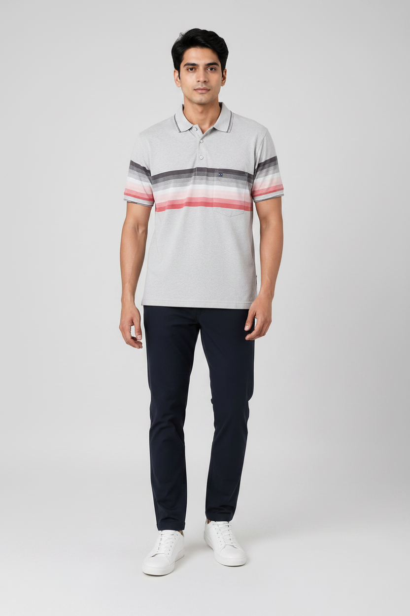 Men’s Light Grey Striped Polo T-Shirt