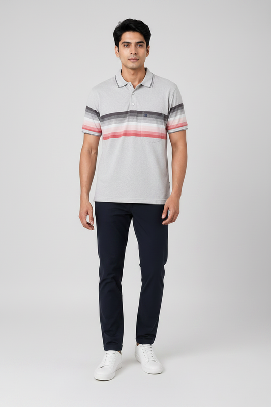 Men’s Light Grey Striped Polo T-Shirt