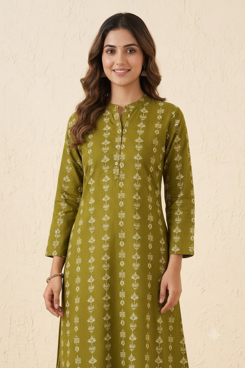 Women's Olive Green Ethnic Leaf Print Cotton Kurti