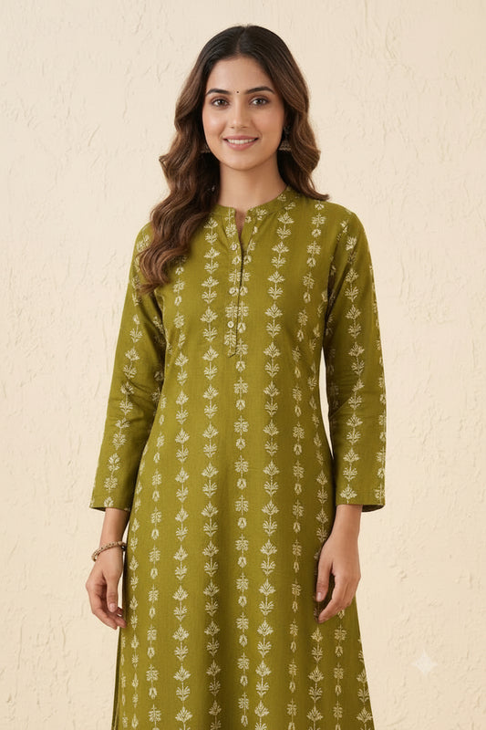 Women's Olive Green Ethnic Leaf Print Cotton Kurti