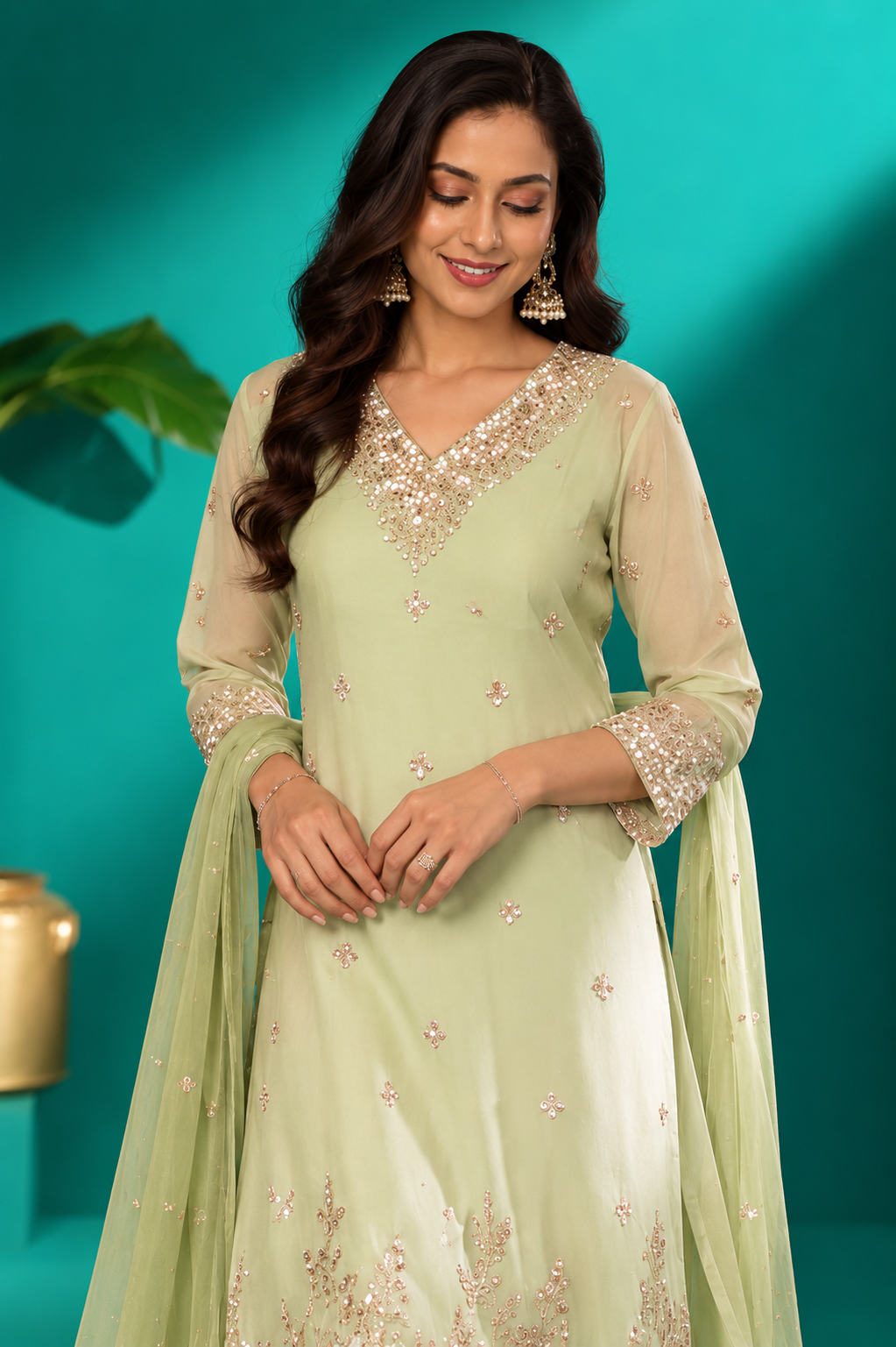 Mint Green Embroidered Festive Suit Set
