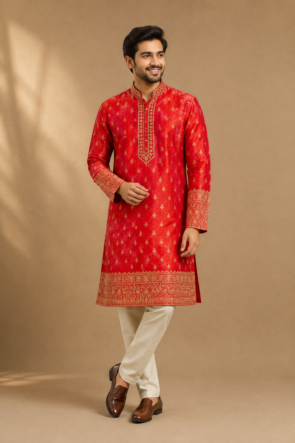 Men’s Royal Red Embroidered Festive Kurta